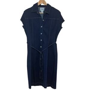 Chelsey Y2K Dark Wash Denim Jean Cap Sleeve Tie Belt Button Up Shirt Dress Large
